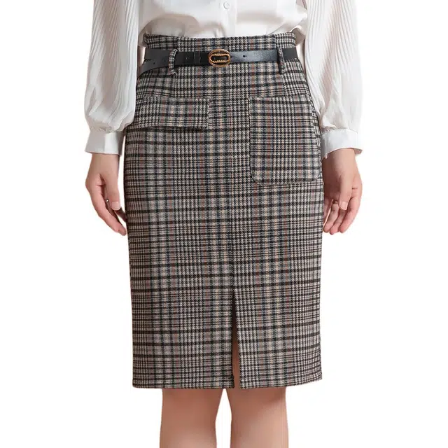 粉红玛琍 高腰格子包臀休闲长裙 女款 卡其