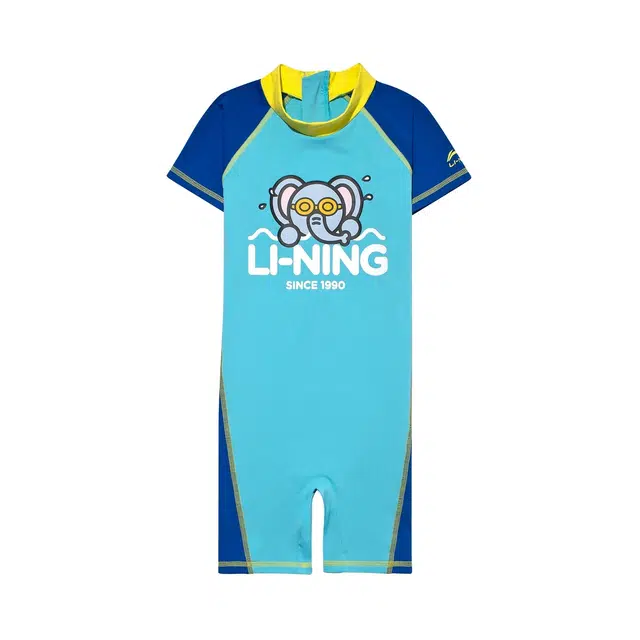 李宁儿童 童装 运动时尚系列 卡通动物字母印花连体泳衣泳裤 男童女童儿童泳装 深浅蓝