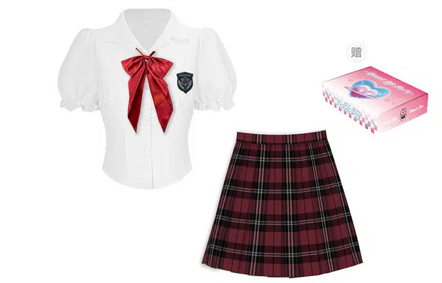 九条喵 泡泡袖收腰短款徽章短袖衬衫格裙短裙百褶裙套装制服 女款