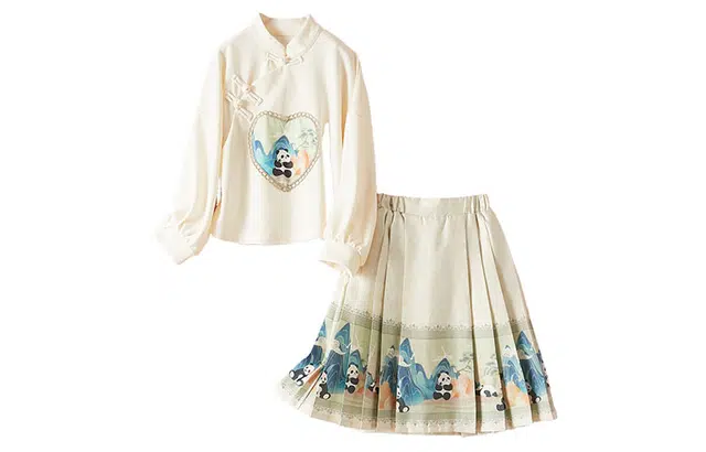 十月妈咪 印花长袖上衣马面裙适中汉服连衣裙 春秋 儿童款 山水熊猫