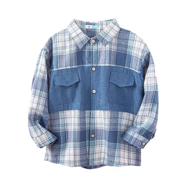 十月妈咪 休闲格子长袖衬衣套装衬衫外套 春秋 儿童款 蓝色