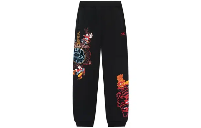 李宁儿童 运动生活系列 图案印花松紧束脚针织运动裤 儿童款 黑色