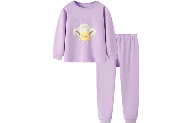 梦特娇 童装 圆领印花上衣纯色下装保暖套装 女童 纯紫云朵