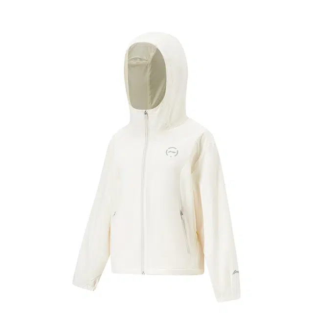 青少年 李宁儿童 综合体能系列 纯色连帽反光防泼水宽松运动风衣 乳白色