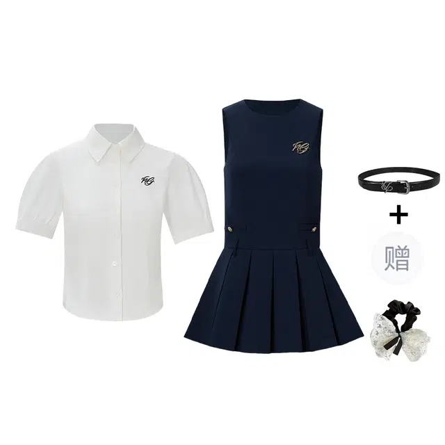 涂诗菲 学院风甜美设计感百搭收腰短袖衬衫无袖百褶连衣裙两件套裙装套装 女款