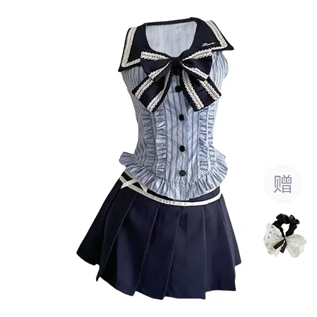 涂诗菲 学院风甜美减龄蝴蝶结挂脖无袖上衣高腰显瘦百褶裙两件套裙装套装 女款