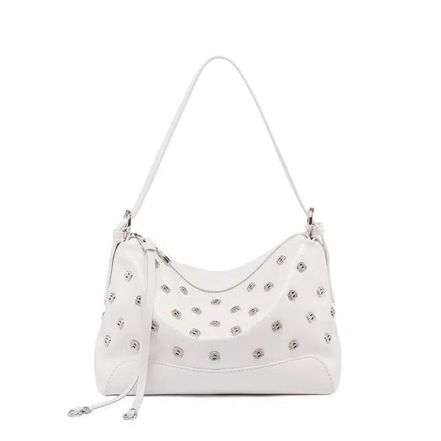 老人头 洋气小众潮流百搭手工镶钻上班通勤时髦松弛慵懒感 聚氨酯拼合成革 腋下包斜挎单肩包 女款 米白色