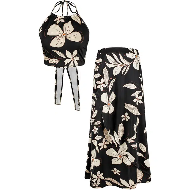 哒头下雨不愁 文艺风修身植物花卉圆领无袖裙装套装 女款 黑色