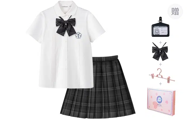 东鲸岁时记 学院风毕业季日系简约显瘦刺绣短袖衬衫碳素笔格裙短款半身裙制服 女款