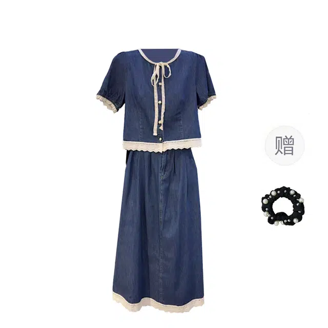 雾闪闪 大码时尚气质显瘦蕾丝拼接牛仔上衣百搭半身裙裙装套装 女款