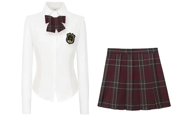 九条喵 学院风辣妹纯色长袖衬衫收腰格纹半身裙简约小巧领结气质质感徽章制服 女款 白色