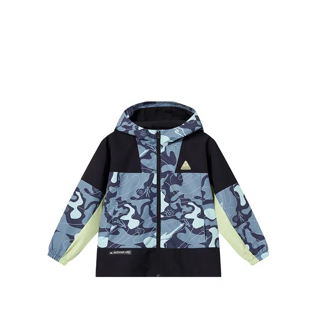 大童 鸿星尔克儿童 字母印花连帽拉链休闲长袖风衣 正黑