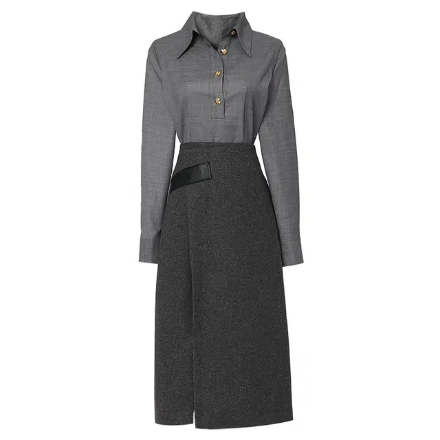 达菲时尚 纯色翻领长袖衬衫半身裙裙装套装 女款 灰色