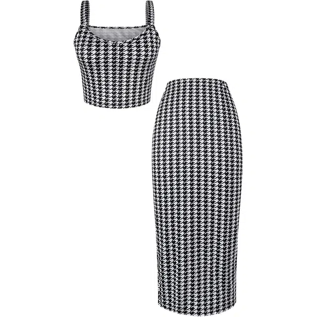 哒头下雨不愁 千鸟格舒适百搭背心修身气质时尚半身裙裙装套装 女款 图片色