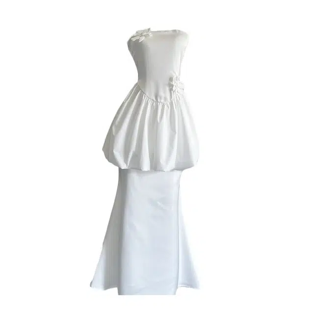 敲模女孩 纯欲风抹胸立体花装饰花苞上衣配显瘦高腰鱼尾半身裙裙装套装 女款 白色