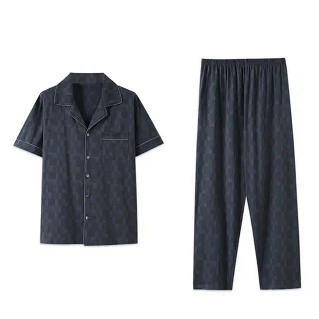 潞优野 纯棉翻领开衫短袖长裤大码家居服睡衣套装 男款