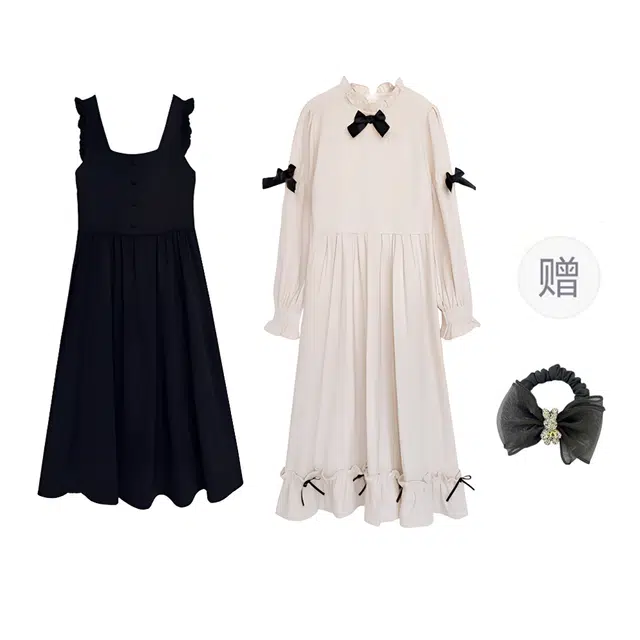 雾闪闪 泡泡袖搭蝴蝶结长袖连衣裙裙装套装 女款