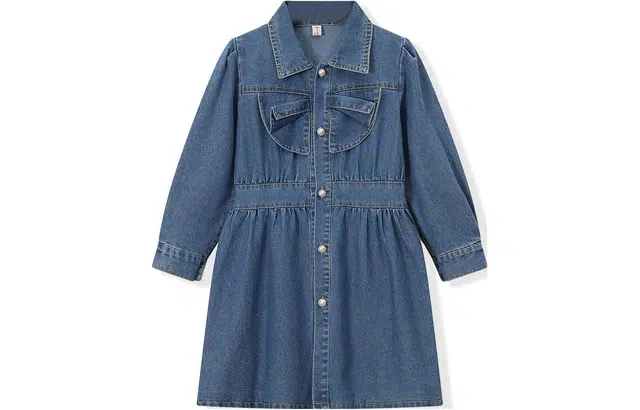 梦特娇 童装 纯色蝴蝶结水洗牛仔儿童连衣裙 女童 牛仔蓝