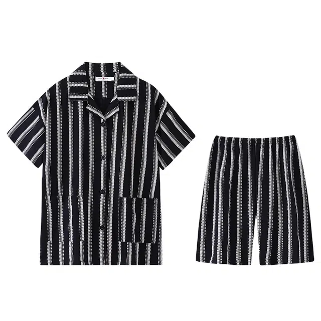 好福份 翻领开衫条纹休闲可外穿家居服夏季睡衣套装 男款