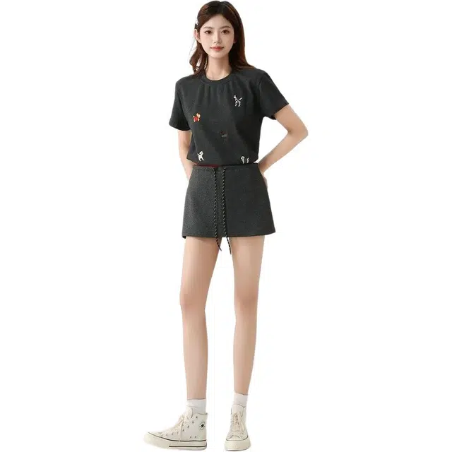 哒头下雨不愁 小清新韩系学院风小狗刺绣短袖上衣抽绳半身裙裙装套装 女款