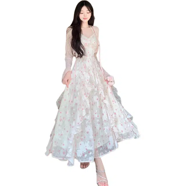 纤丝鸟 法式温柔风挂脖吊带连衣裙薄款防晒开衫裙装套装 女款