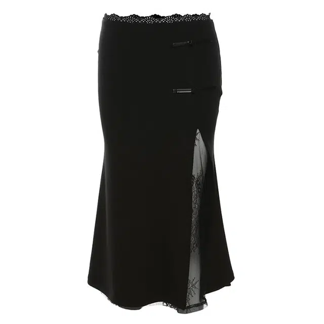 哒头下雨不愁 新中式复古盘扣高腰女气质蕾丝拼接中长款休闲长裙 女款 黑色