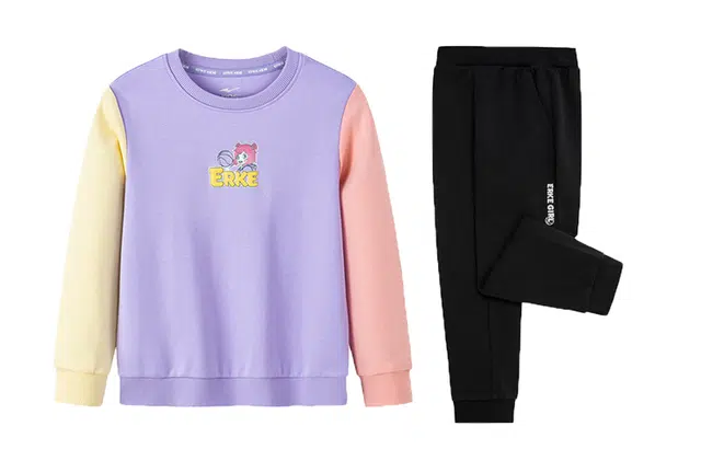 鸿星尔克儿童 字母印花圆领套头长袖上衣松紧腰束脚长裤休闲运动套装 儿童款 冰沙紫