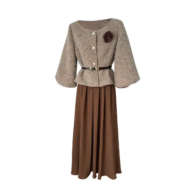 涂诗菲 气质名媛小香风收腰外套高腰半身裙复古裙装套装 女款 咖色