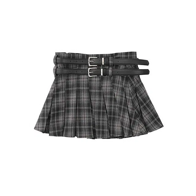 哒头下雨不愁 美式复古双腰带高腰格子百褶裙夏季甜辣风百搭休闲短裙 女款