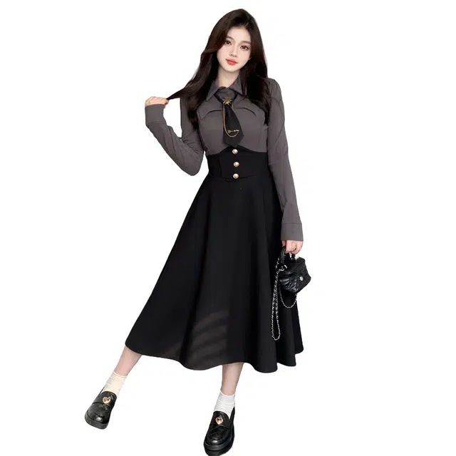 涂诗菲 学院风修身长袖衬衫束腰鱼骨长裙裙装套装 女款