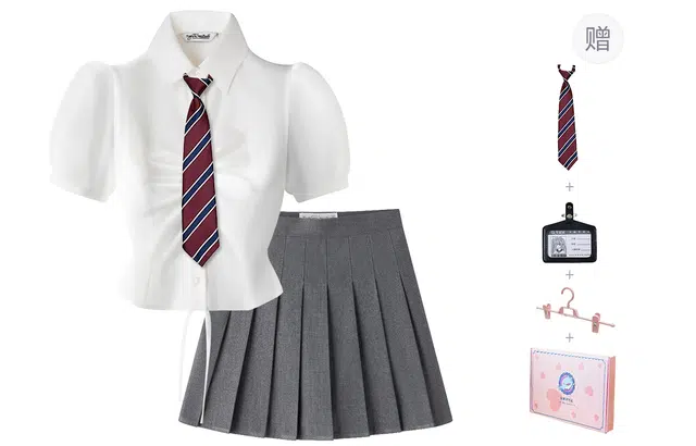 东鲸岁时记 学院风毕业季穿搭一整套辣妹风学生通勤尖领纯色短袖上衣高腰收腰修身伯克利百褶短裙制服 夏季 女款 礼盒装