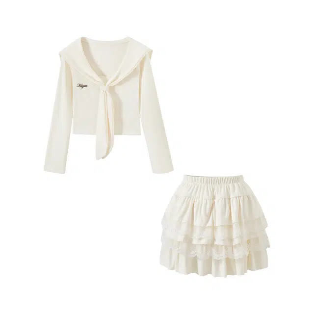 花山家的猫 海军领长袖收腰上衣水手服配蕾丝蛋糕裙制服 女款