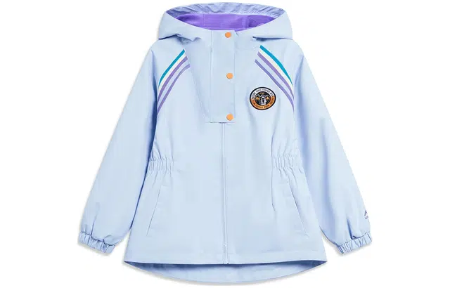 李宁儿童 童装 运动生活系列 图案印花连帽宽松抓绒防风运动风衣 女童 净空蓝