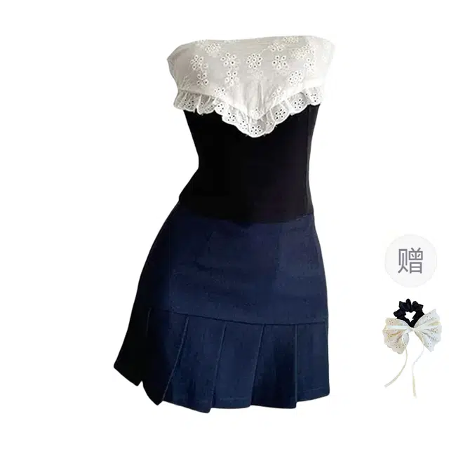 涂诗菲 纯欲风甜美蕾丝花边抹胸上衣高腰显瘦包臀短裙两件套裙装套装 女款