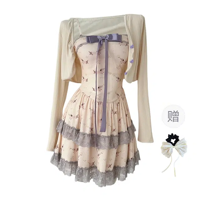 涂诗菲 法式甜美减龄碎花吊带短裙长袖开衫蕾丝上衣裙装套装 女款