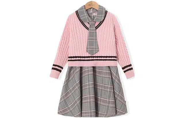 梦特娇 童装 宽松套头柔软舒适毛衣领带无袖休闲裙子裙装套装 女童