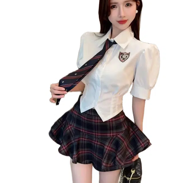 怪力萝莉 学院风甜辣妹制服夏季短款收腰显瘦衬衫上衣蓬蓬短裙裙装套装 女款