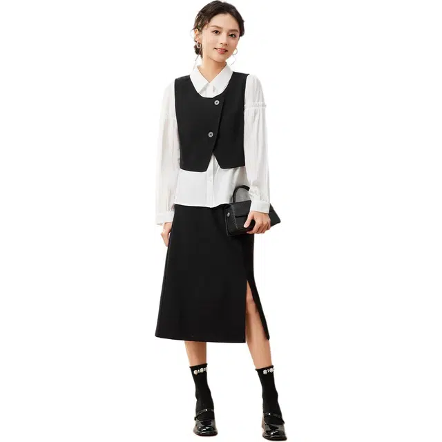 爱依服 翻领纯色长袖衬衫单排扣舒适时尚马甲高级感透气亲肤开叉裙子裙装套装 女款 黑