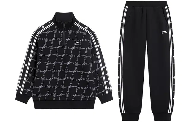 李宁儿童 童装 篮球系列 立领卫衣卫裤休闲运动套装 男童 黑色