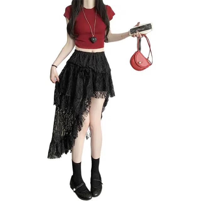 思蓓儿 小众高腰不规则蕾丝半身裙蛋糕中长裙休闲长裙 女款