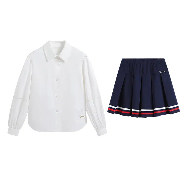青少年 【套装】英氏 童装 纯色基础款灯笼袖单排扣衬衣百搭织带半身百褶裙短裙两件套中大童裙装套装 春秋款