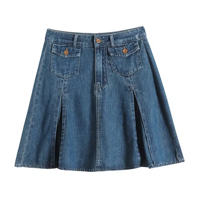 法文箱子 显瘦半身裙高腰百褶裙复古百褶裙子牛仔短裙 女款 复古蓝