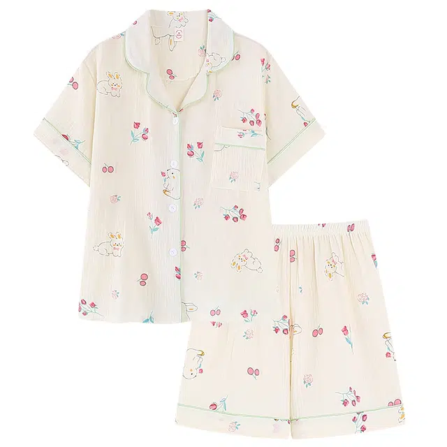俏韵 翻领卡通可爱兔子短袖可外穿家居服睡衣套装 女款