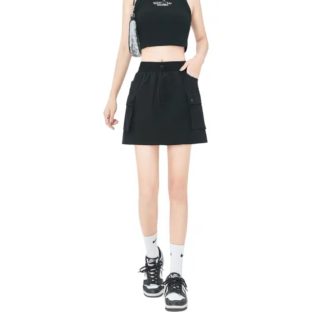 欧迪芬 高腰抽绳显瘦百搭半身裙工装短裙 女款
