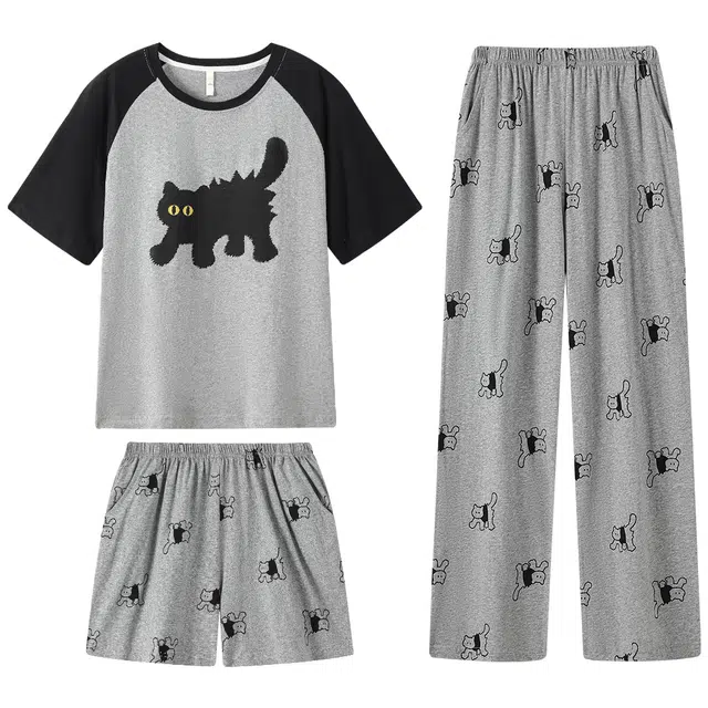 宫蝶 纯棉短袖抗菌卡通家居服三件套休闲满印可爱宽松开衫夏季睡衣套装 女款