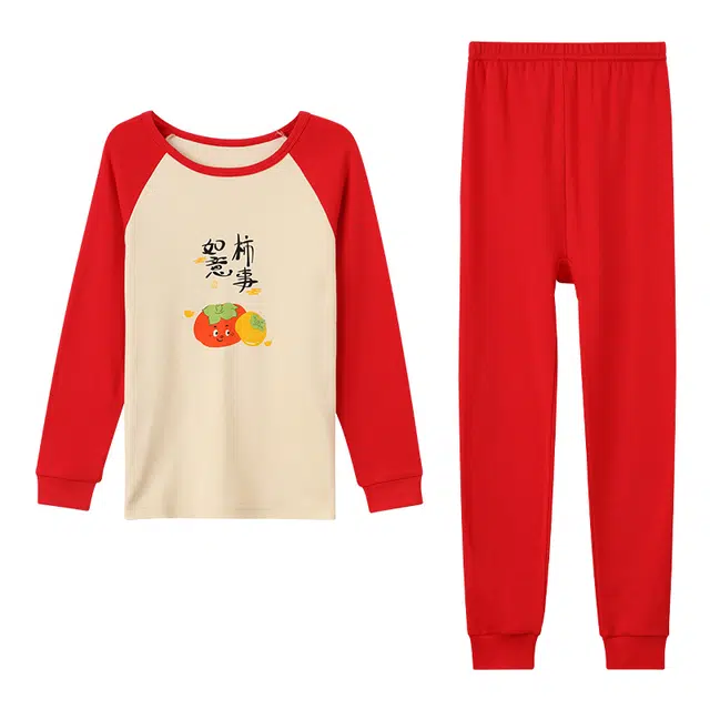 红豆 圆领简约插肩长袖松紧腰纯色长裤内衣套装 中国红青少年