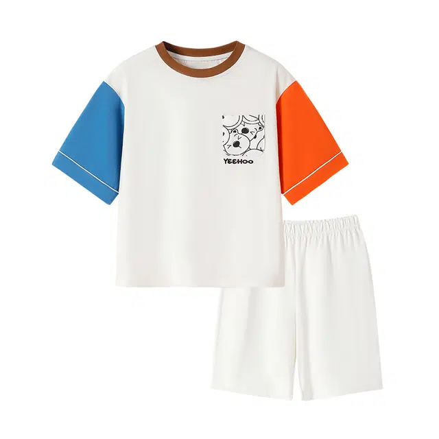 英氏 简约字母圆领套头短袖上衣松紧腰短裤睡衣套装 儿童款