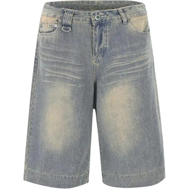 哒头下雨不愁 美式复古水洗阔腿七分潮牌宽松牛仔短裤 女款 蓝色