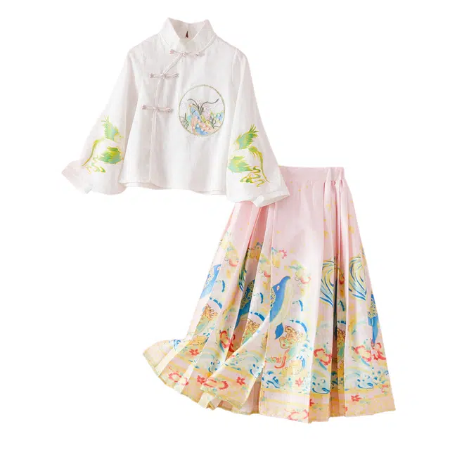 十月妈咪 简约新国风立领长袖上衣松紧腰马面裙汉服 儿童款 鲸涛海浪