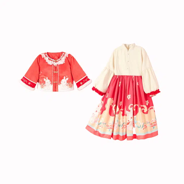 十月妈咪 童装 中国风加绒上衣细腻柔和舒适长袖连衣裙裙装套装 儿童款 柿红小兔
